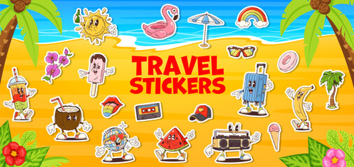 Fototapeta na wymiar Groovy travel and leisure characters stickers pack. Cartoon vector beach and summer vacation retro patches. Y2k fruits, drinks, suitcase, popsicle, coconut, banana and flamingo, watermelon, disco ball