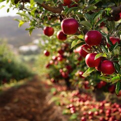 Orchard scene. Red apples hanging on trees in a sunny, rural landscape