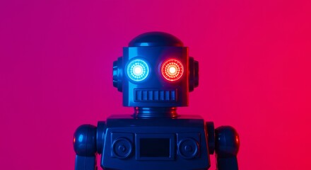 Fototapeta premium 未来型ロボット 赤青光る瞳 神秘的雰囲気 鮮やか背景. AI Generated
