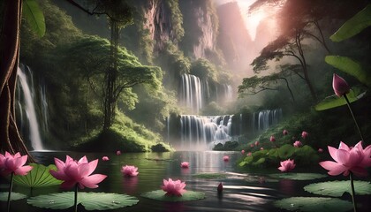 Enchanting waterfall cascading into a serene pond surrounded by lush greenery and blooming lotus flowers