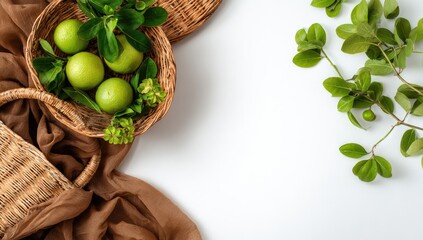 Rattan baskets with limes and greenery on white surface