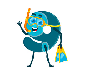 Cartoon math 9 nine number and digit character diving on summer vacation. Mathematics and algebra number vector funny mascot on vacation travel. Mathematics symbol personage in scuba diving mask