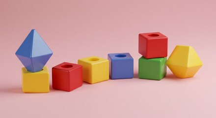 鮮やか色彩 木のおもちゃ 幾何学模様 優しい光で輝く. AI Generated