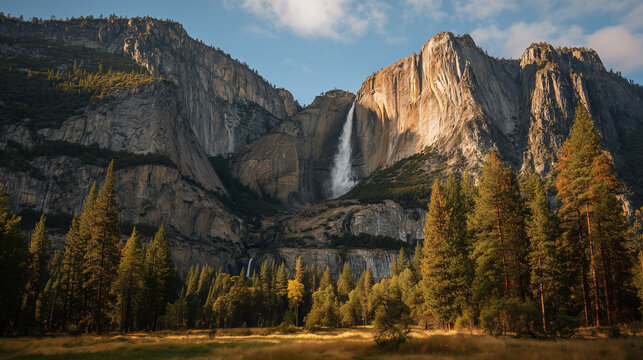Yosemite Falls USA, surrounded by granite cliffs, pine forest foreground, golden hour lighting