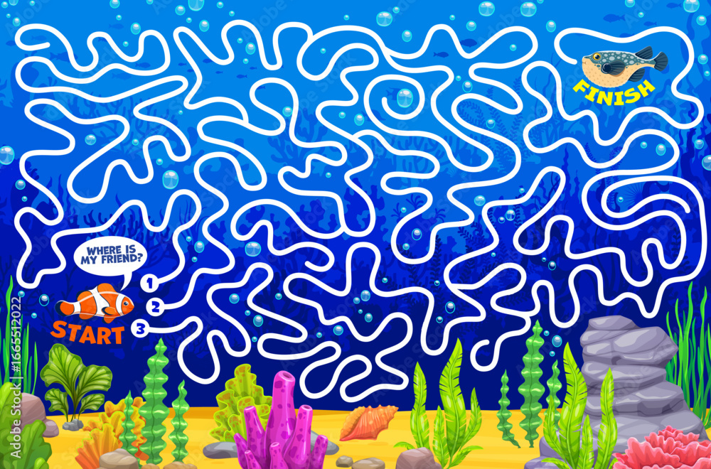 Poster labyrinth maze game worksheet, help to fish find her friend on the sea bottom. pathfinder riddle, he