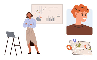 Confident woman stands by data charts, highlighting analytics, next to a headshot illustration and a map with location markers. Ideal for business insights, leadership, data visualization
