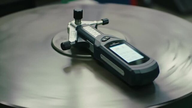 Digital measuring device on a rotating metal surface in an industrial setting.