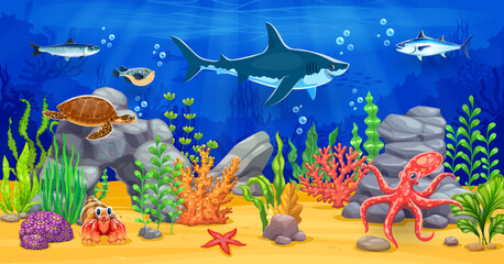 Ocean underwater game background with sea animals. Vector location level map landscape with cartoon shark, fish shoals and turtle, tuna, crab and octopus swimming between seaweeds on the seafloor © Vector Tradition