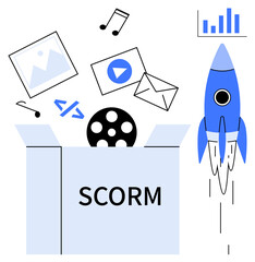 Obraz na płótnie Canvas Box labeled SCORM releasing media files, music notes, code, email, chart, and rocket icon. Ideal for e-learning, development education technology multimedia progress innovation. Simple flat
