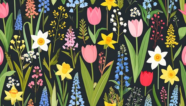 Colorful floral pattern with various spring flowers on a dark background - Powered by Adobe