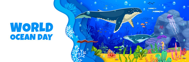 World oceans day banner with giant whale, seal and underwater landscape. Underwater ecosystems protection vector banner or flyer. Oceans day holiday poster with cartoon animals, fishes and seaweed