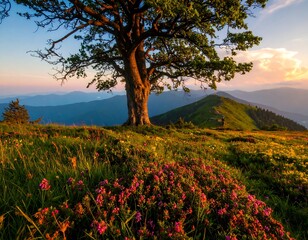 Majestic tree atop a mountain meadow at sunset