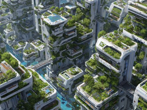 Futuristic city with green rooftops & water features. High-tech architecture blends with nature