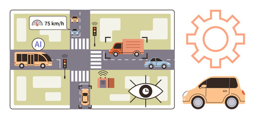 AI vehicles on a city road with sensors, traffic lights, speed monitoring, and software integration. Ideal for technology, innovation, safety, transportation, AI urban planning smart systems