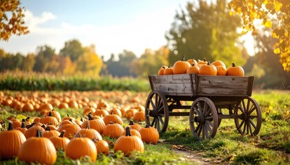 Rustic Wagon with Pumpkins in Farm Field
