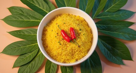 Vibrant yellow rice with red chili peppers and green leaves food