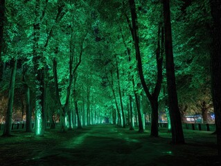 Obraz premium Enchanting forest path glows green, leading through illuminated trees at night