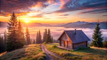 Idyllic Mountain Cabin at Sunset with Foggy Valley and Vibrant Sky