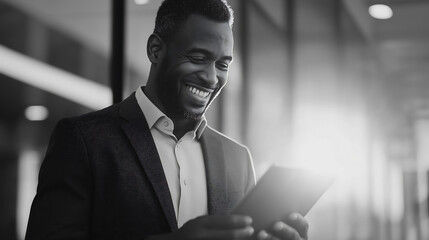 Black businessman using tablet technology in modern office setting