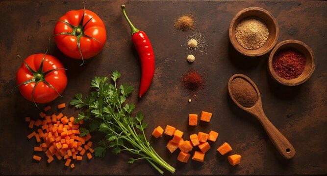 Vibrant red tomatoes fresh green parsley spicy red chili peppers chopped orange carrots assorted ground spices in wooden