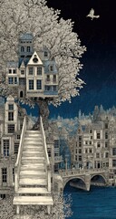 Naklejka premium Whimsical treehouse city scene with stairs, bridge, and flying bird under a night sky