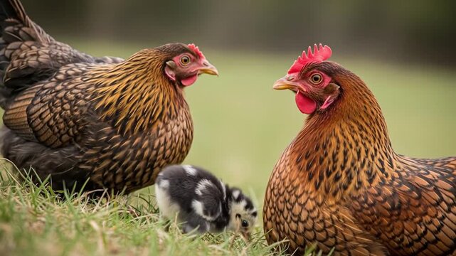 Captivating close-up of two golden laced wyandotte chickens with a chick, grazing in a green field