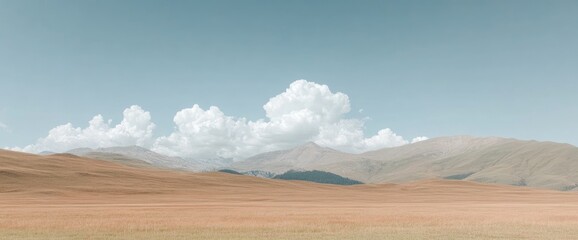 Landscape view of a dry field with tall mountains and a soft blue sky with white clouds