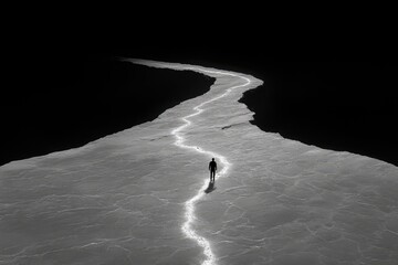 A lone figure walks on a glowing path amidst darkness, evoking feelings of solitude and resilience