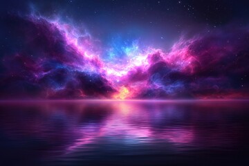 Celestial dreamscape reflecting on serene water. An aurora of pinks, purples, and blues