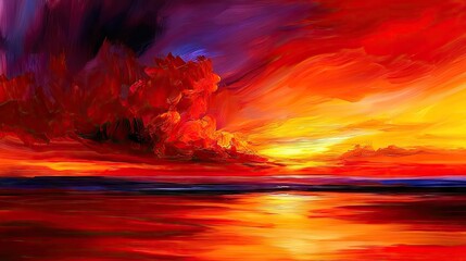 Fiery sunset over calm water, vibrant colors of red, orange, and yellow, painting style