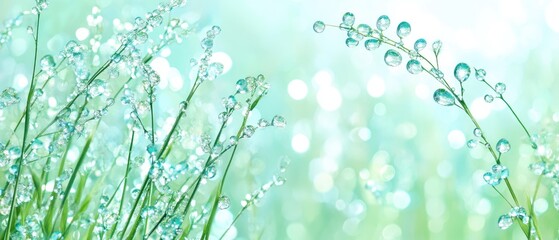 Dew drops cling to vibrant green blades of grass against a soft, bokeh background