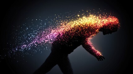 Figure disintegrates into vibrant particles, blending human form and ethereal light on a dark background