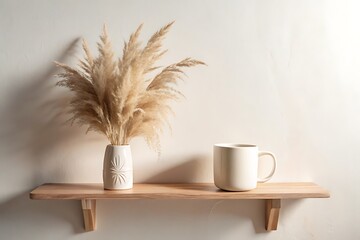 Neutral Aesthetic Pampas Grass in Vase and Coffee Mug on Wooden Shelf