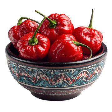 A traditional Peruvian ceramic bowl of rocoto peppers, isolated on a white background,