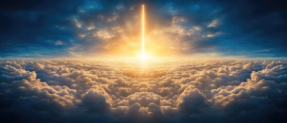 Ethereal clouds with a beam of light shining through, blue sky backdrop