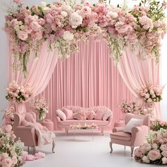 Elegant Pink Wedding Ceremony Setup with Floral Arch and Seating