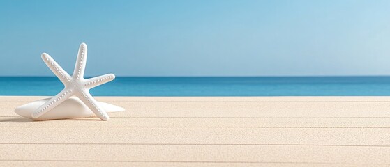 A starfish rests on wood, the ocean as a backdrop. Bright & calming nautical theme