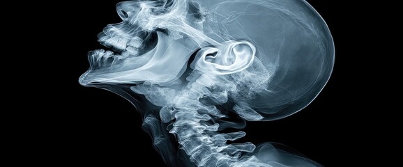 X-ray displaying human cranium and neck in profile view against a dark background showing internal skeletal structure