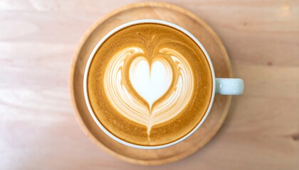 A warm latte art heart design sits perfectly in a white ceramic mug on a light wood coaster, showcasing a delightful morning beverage.