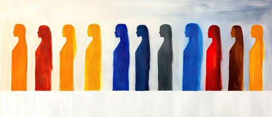 Row of colorful figures in profile with long hair, facing left, diverse colors in a line
