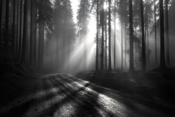 Fototapeta premium Forest path, sunbeams filtering through tall trees, casting shadows in a serene atmosphere