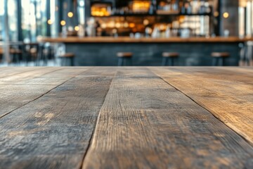 Empty wood table foreground, blurred bar in background. Warm lighting and inviting atmosphere