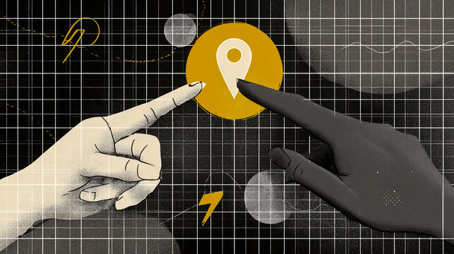 Design an abstract background illustration featuring two hands, one with the fingers pointing at a yellow map pin icon - Powered by Adobe