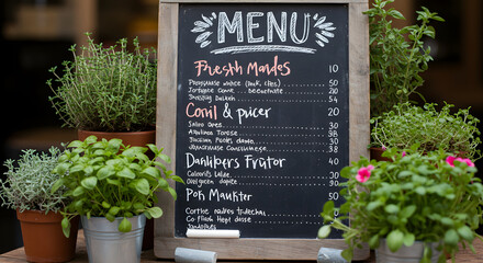 A chalk menu board and plant decor in a rustic style representing cafe aesthetics