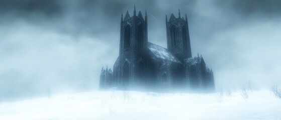 Gothic church in a snowy fog