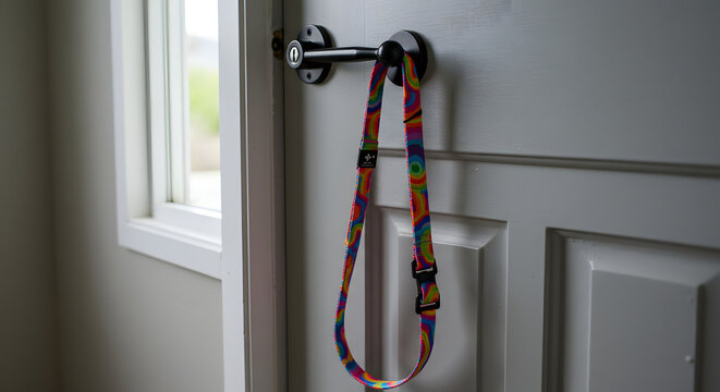 A pet leash hanging by a door with an anticipatory mood representing daily walks