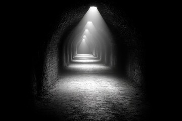 A dark tunnel illuminated by soft light, disappearing into the distance