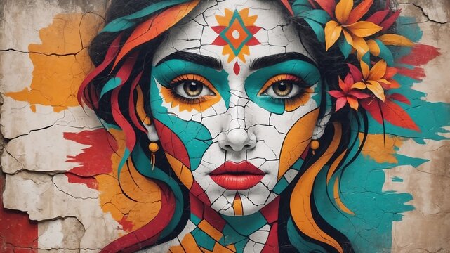 Abstract face on a Mexican mural wall with cracked paint textures.