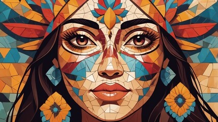 Stylized mosaic abstract of Mexican woman’s face and folklore motifs.