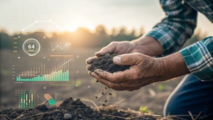Farmer holding soil with data overlays in a field at sunset time